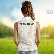 Load image into Gallery viewer, Woman wearing a sleeveless golf shirt with 'TEAM NAME' text on a golf course.