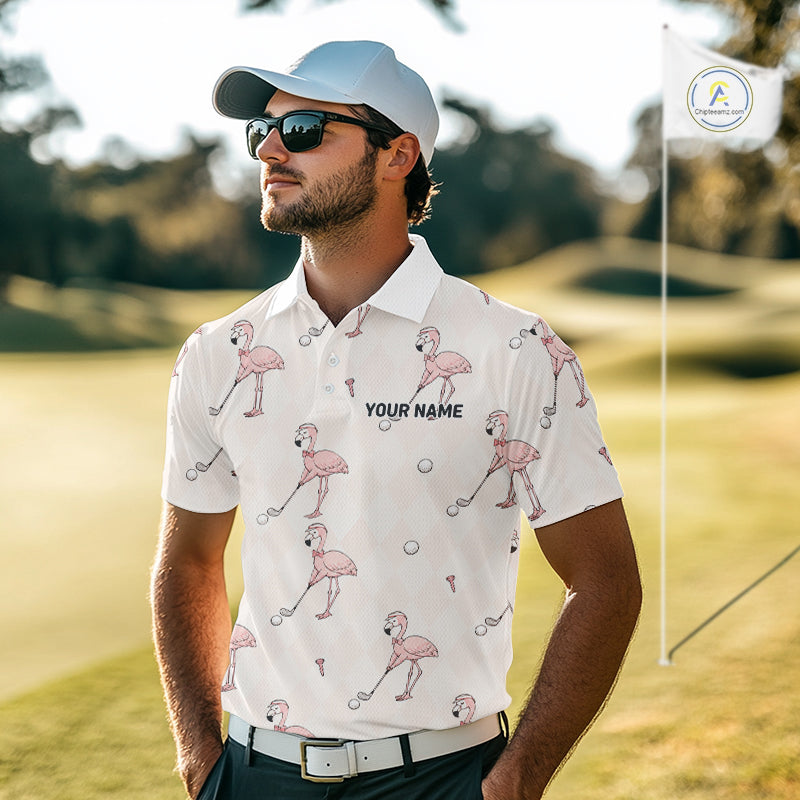 Personalized Argyle Funny Flamingo Pattern Polo Shirt - Custom Golf Team Gift