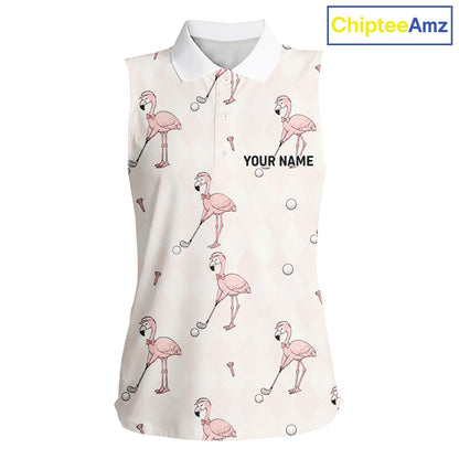Personalized Argyle Funny Flamingo Pattern Womens Sleeveless Golf Polo Shirt - Custom Golf Team Gift