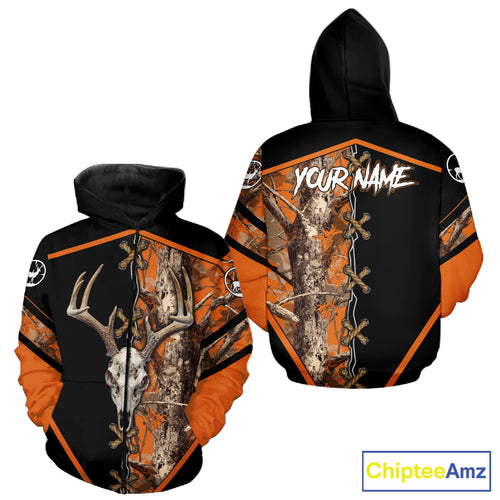 Personalized Orange Camo Black Skull Deer Hunting 3D Shirts, Perfect Gift for Hunters NHT281