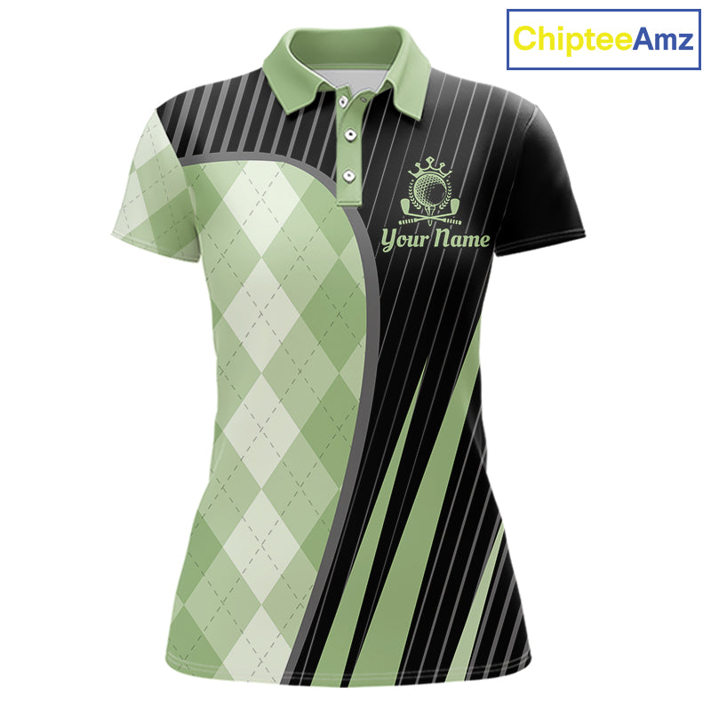 Womens Golf Polo Shirt Green Black Argyle Plaid Golf Pattern Custom, Womens Shirt Golf Tops NHT667