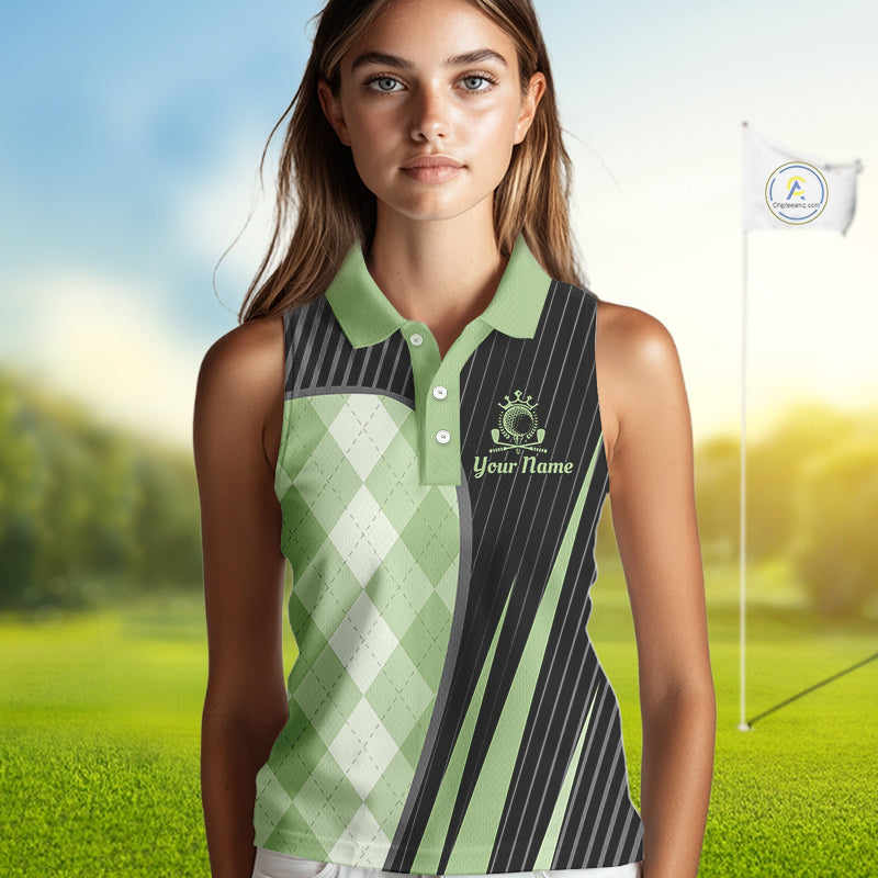 Womens Sleeveless Golf Polo Shirt Green Black Argyle Plaid Golf Pattern Custom,  Womens Shirt Golf Tops NHT667