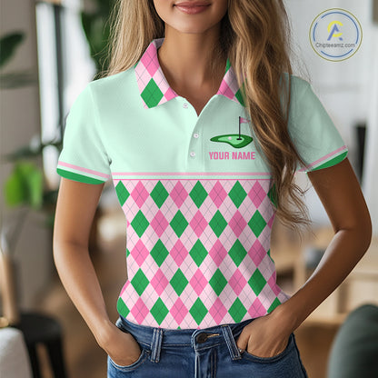 Pink Argyle Golf Polo Shirt Personalized Womens Golf Shirt Cute Preppy Golf Outfit Custom Name, Familly Team Shirts NHT691