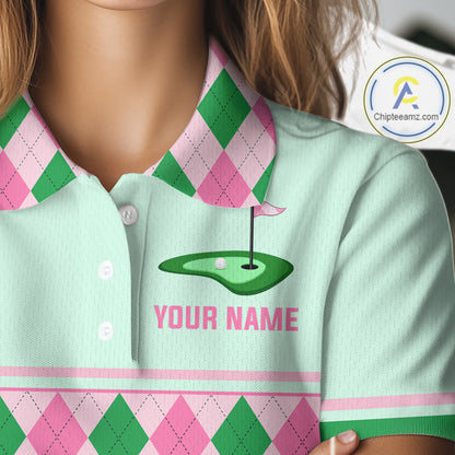Pink Argyle Golf Polo Shirt Personalized Womens Golf Shirt Cute Preppy Golf Outfit Custom Name, Familly Team Shirts NHT691