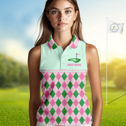 Pink Argyle Golf Polo Shirt Personalized Womens Sleeveless Golf Shirt Cute Preppy Golf Outfit Custom Name, Familly Team Shirts NHT691
