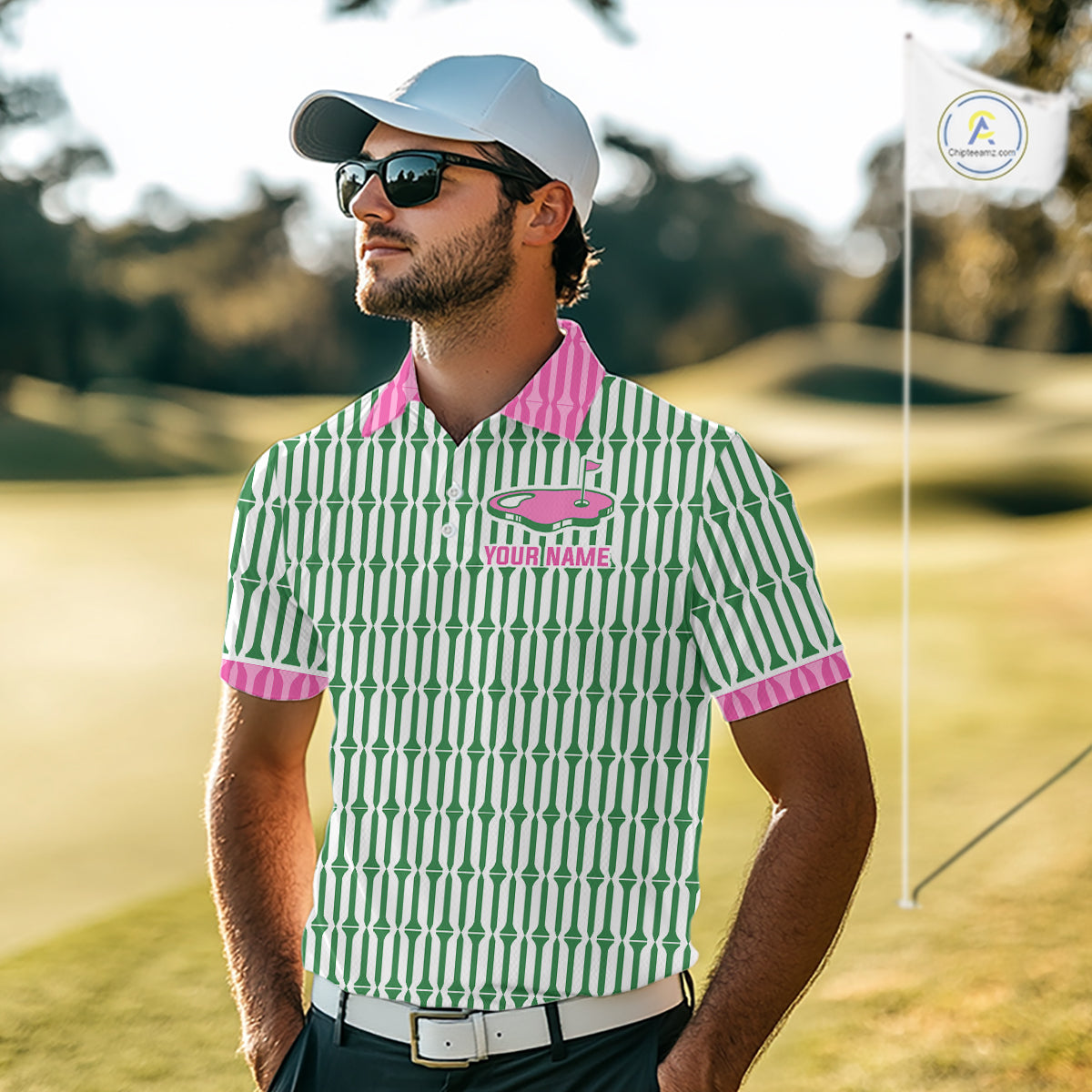 Funny Pink Green Geometric Polo Golf Shirt, Retro Style Performance Golf Top For Family Team Shirt NHT692