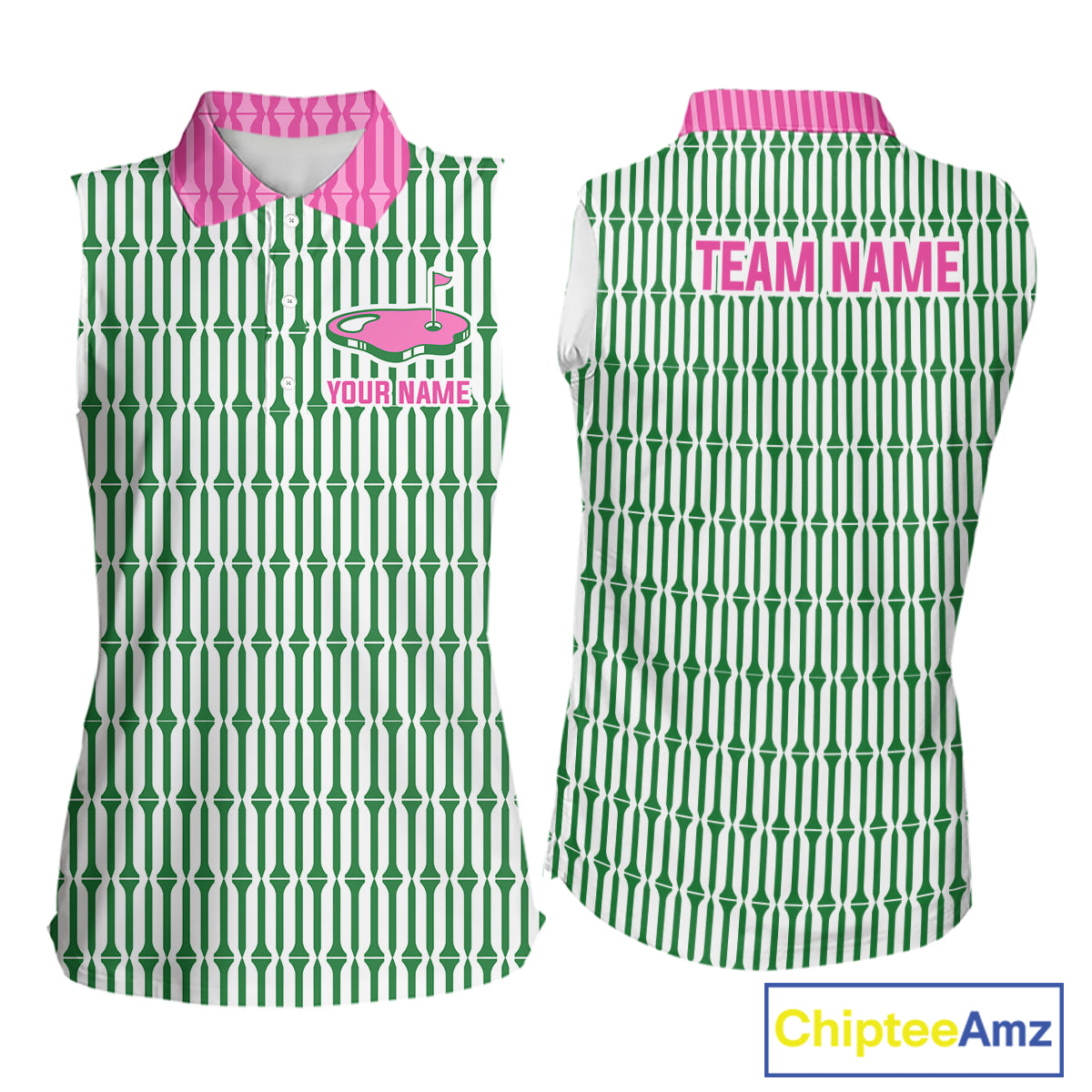 Funny Pink Green Geometric Womens Sleeveless Polo Golf Shirt, Retro Style Performance Golf Top For Family Team Shirt NHT692