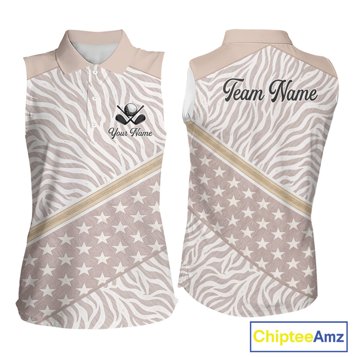 Custom Womens Sleeveless Golf Polo Shirt, Personalized Team Name Golf Jersey, Elegant Beige Zebra And Stars Pattern NHT694