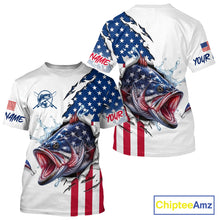Load image into Gallery viewer, Bass Fishing T-Shirt With American Flag – USA Patriotic Angler Performance Shirt