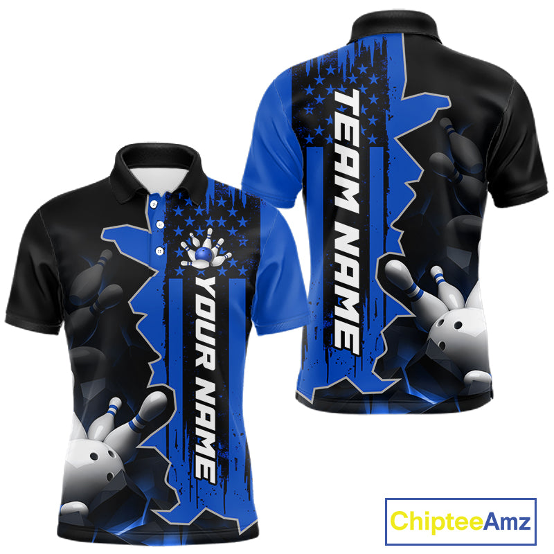 Men's custom bowling tournament polo shirt – blue personalized team bowling jersey close-up