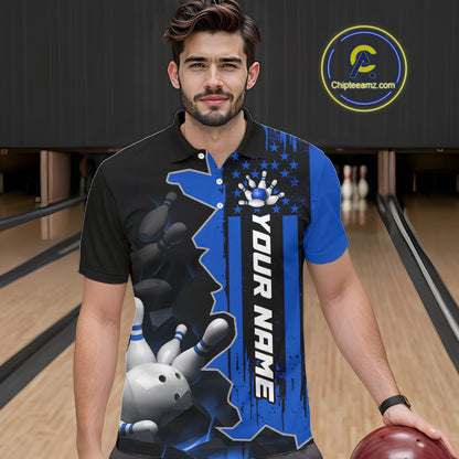 Men's Custom Bowling Tournament Polo Shirt & 1/4 Zip – Personalized Team Bowling Jersey| Blue NHT1196