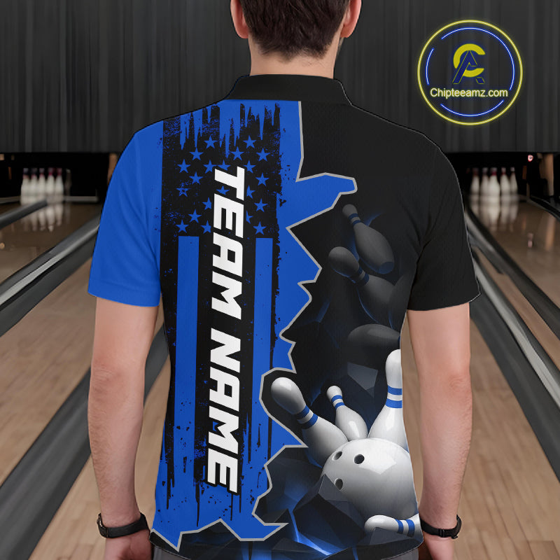 Men's Custom Bowling Tournament Polo Shirt & 1/4 Zip – Personalized Team Bowling Jersey| Blue NHT1196