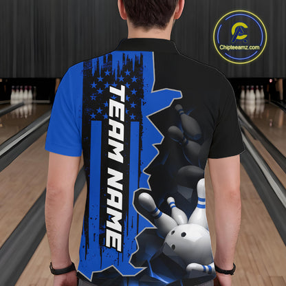 Men's Custom Bowling Tournament Polo Shirt & 1/4 Zip – Personalized Team Bowling Jersey| Blue NHT1196