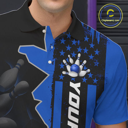 Men's Custom Bowling Tournament Polo Shirt & 1/4 Zip – Personalized Team Bowling Jersey| Blue NHT1196