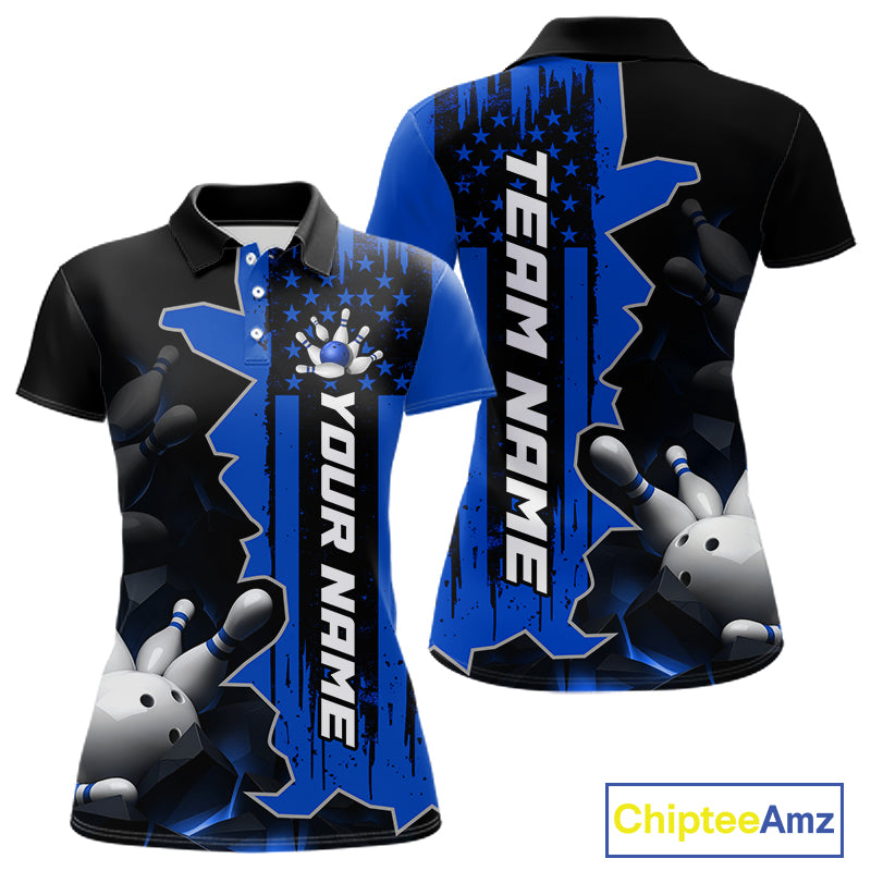 Women's custom bowling tournament polo shirt – blue personalized team bowling jersey close-up