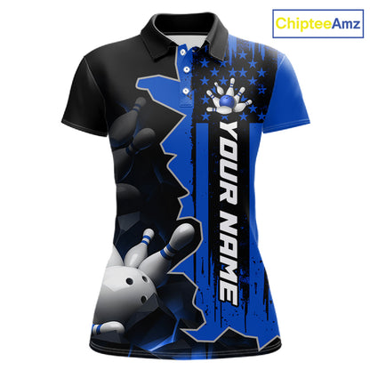 Women's custom bowling tournament polo shirt – personalized team bowling jersey blue front view