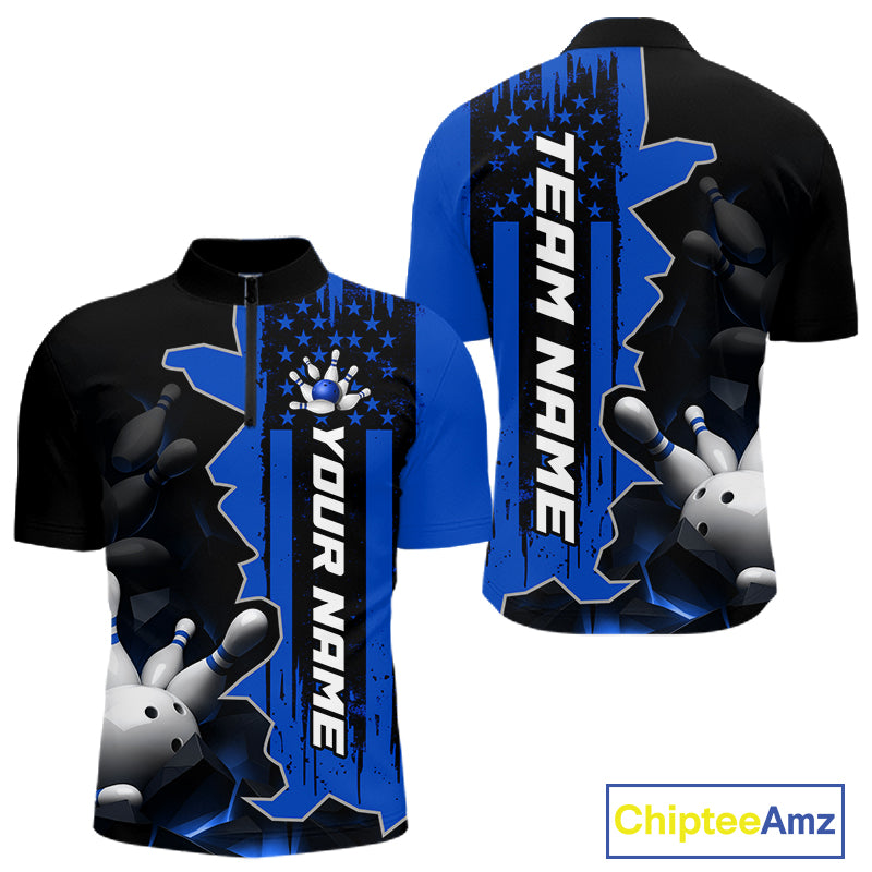 Men's blue 1/4 zip bowling tournament shirt – lightweight breathable personalized team bowling jersey