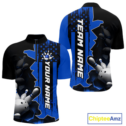 Men's blue 1/4 zip bowling tournament shirt – lightweight breathable personalized team bowling jersey
