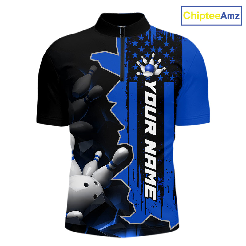 Men's 1/4 zip bowling tournament shirt – personalized team bowling jersey blue front view