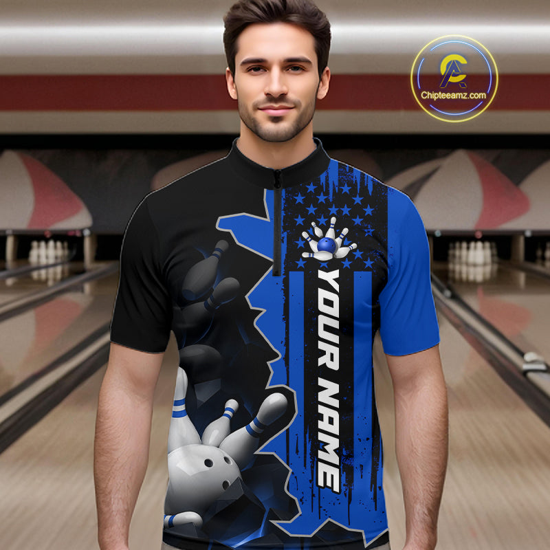Men's Custom Bowling Tournament Polo Shirt & 1/4 Zip – Personalized Team Bowling Jersey| Blue NHT1196