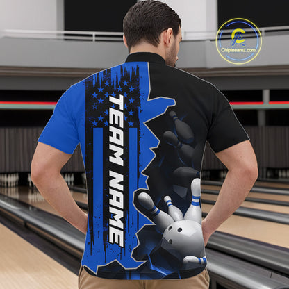 Men's Custom Bowling Tournament Polo Shirt & 1/4 Zip – Personalized Team Bowling Jersey| Blue NHT1196