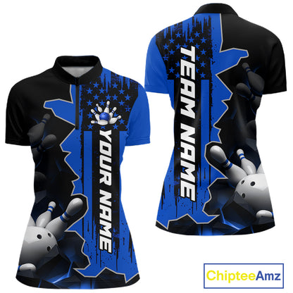 Women's blue 1/4 zip bowling tournament shirt – lightweight breathable personalized team bowling jersey