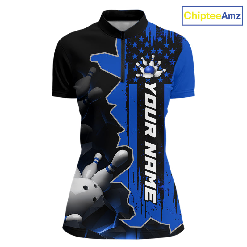Women's 1/4 zip bowling tournament shirt – personalized team bowling jersey blue front view