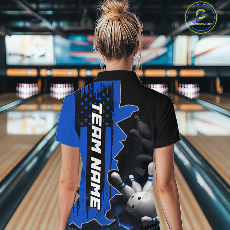 Women's Custom Bowling Tournament Polo Shirt & 1/4 Zip – Personalized Team Bowling Jersey| Blue NHT1196