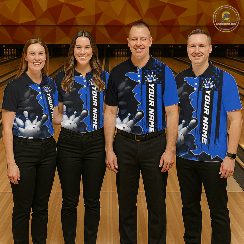 Women's Custom Bowling Tournament Polo Shirt & 1/4 Zip – Personalized Team Bowling Jersey| Blue NHT1196