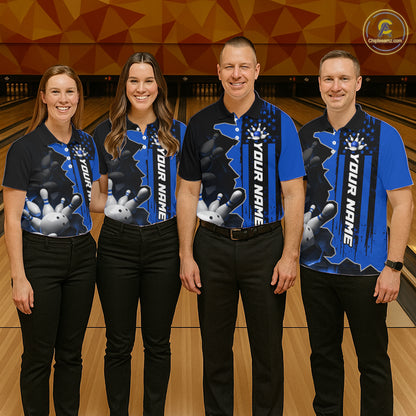 Women's Custom Bowling Tournament Polo Shirt & 1/4 Zip – Personalized Team Bowling Jersey| Blue NHT1196