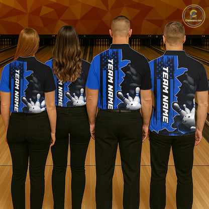 Men's Custom Bowling Tournament Polo Shirt & 1/4 Zip – Personalized Team Bowling Jersey| Blue NHT1196