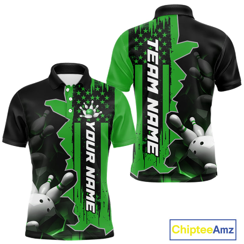 Men's custom bowling tournament polo shirt – green personalized team bowling jersey close-up