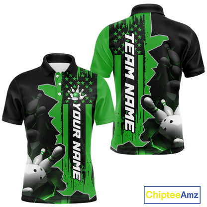 Men's custom bowling tournament polo shirt – green personalized team bowling jersey close-up