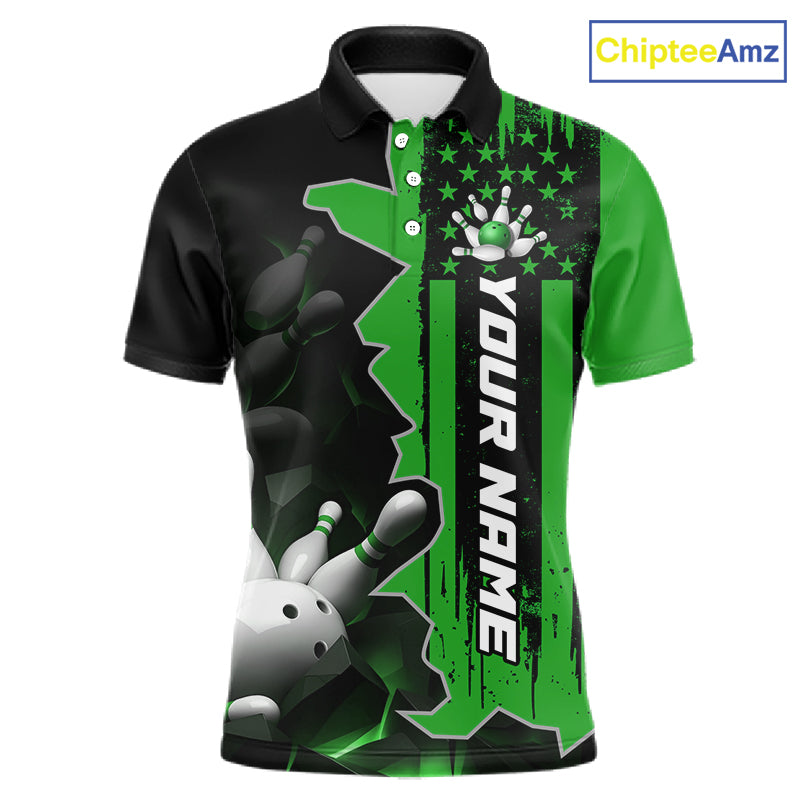 Men's custom bowling tournament polo shirt – personalized team bowling jersey green front view
