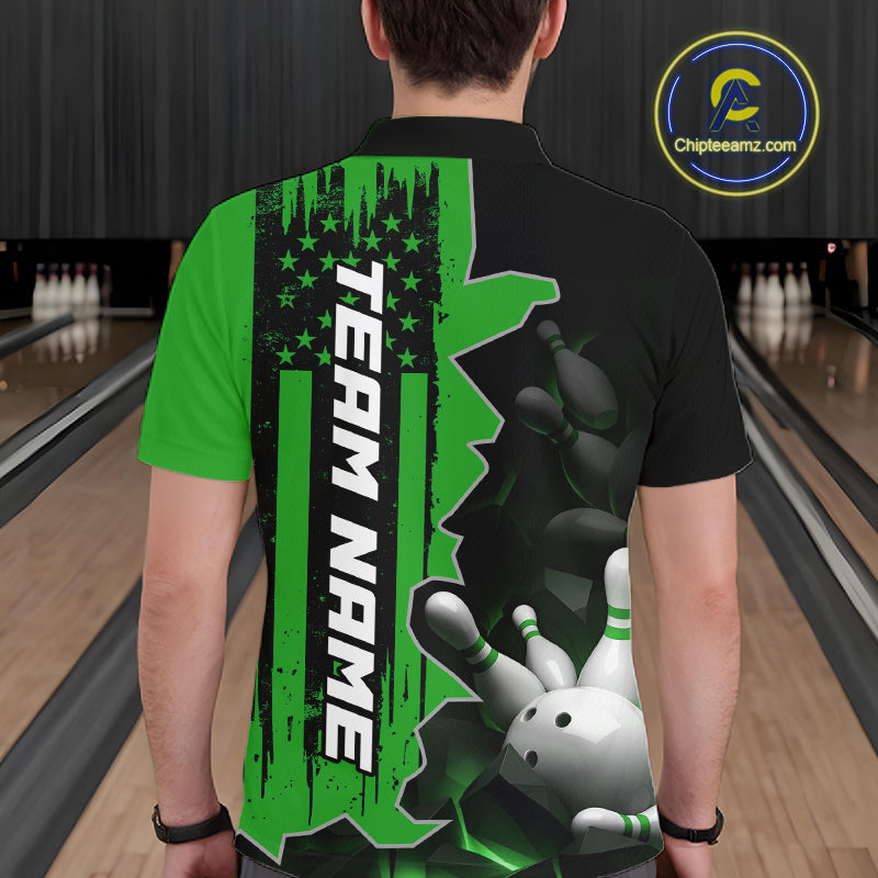 Men's Custom Bowling Tournament Polo Shirt & 1/4 Zip – Personalized Team Bowling Jersey| Green NHT1197