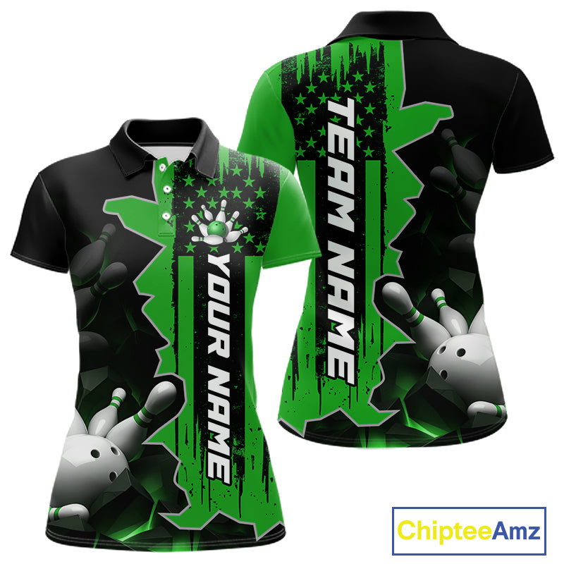 Women's custom bowling tournament polo shirt – green personalized team bowling jersey close-up