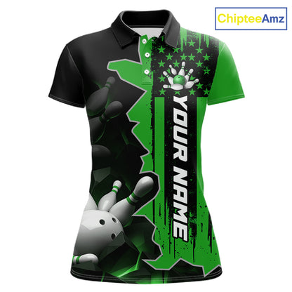 Women's custom bowling tournament polo shirt – personalized team bowling jersey green front view