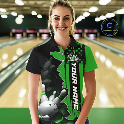Women's Custom Bowling Tournament Polo Shirt & 1/4 Zip – Personalized Team Bowling Jersey| Green NHT1197