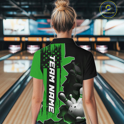 Women's Custom Bowling Tournament Polo Shirt & 1/4 Zip – Personalized Team Bowling Jersey| Green NHT1197