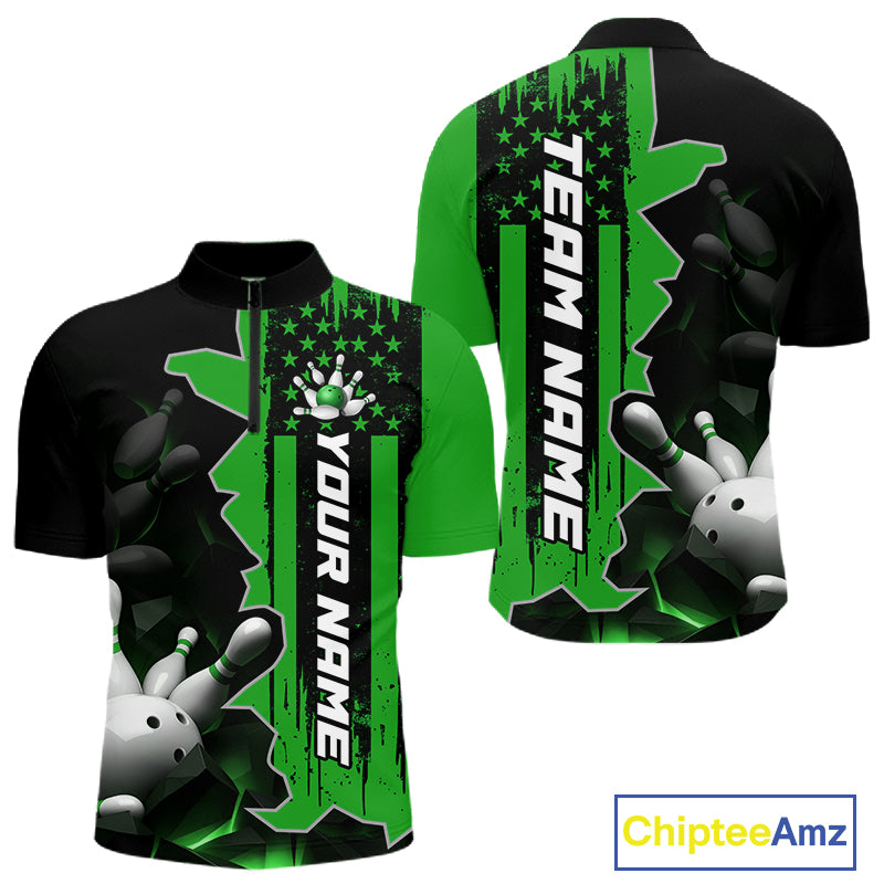 Men's green 1/4 zip bowling tournament shirt – lightweight breathable personalized team bowling jersey