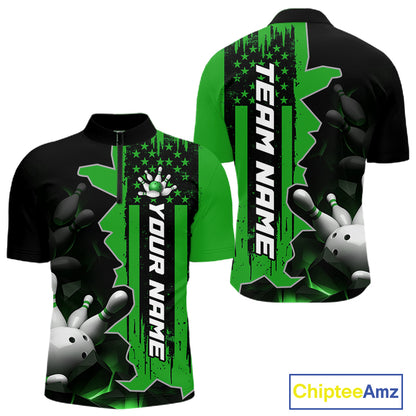 Men's green 1/4 zip bowling tournament shirt – lightweight breathable personalized team bowling jersey