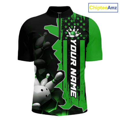 Men's 1/4 zip bowling tournament shirt – personalized team bowling jersey green front view