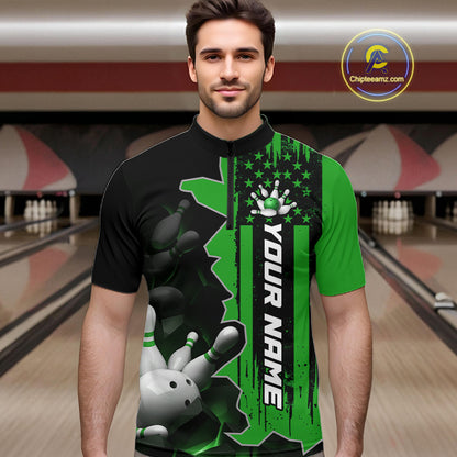 Men's Custom Bowling Tournament Polo Shirt & 1/4 Zip – Personalized Team Bowling Jersey| Green NHT1197