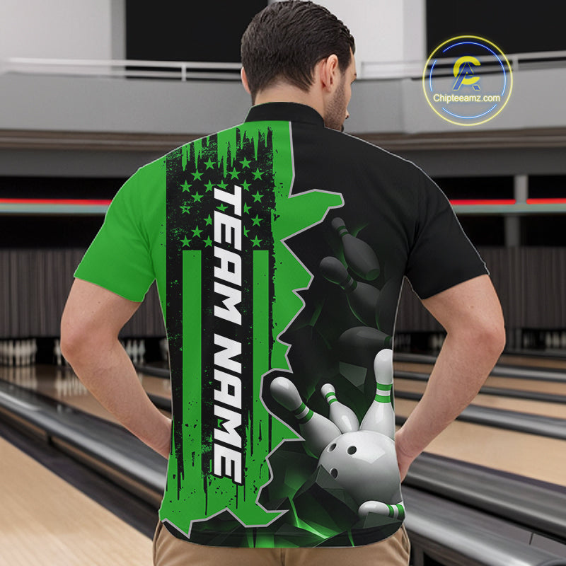 Men's Custom Bowling Tournament Polo Shirt & 1/4 Zip – Personalized Team Bowling Jersey| Green NHT1197