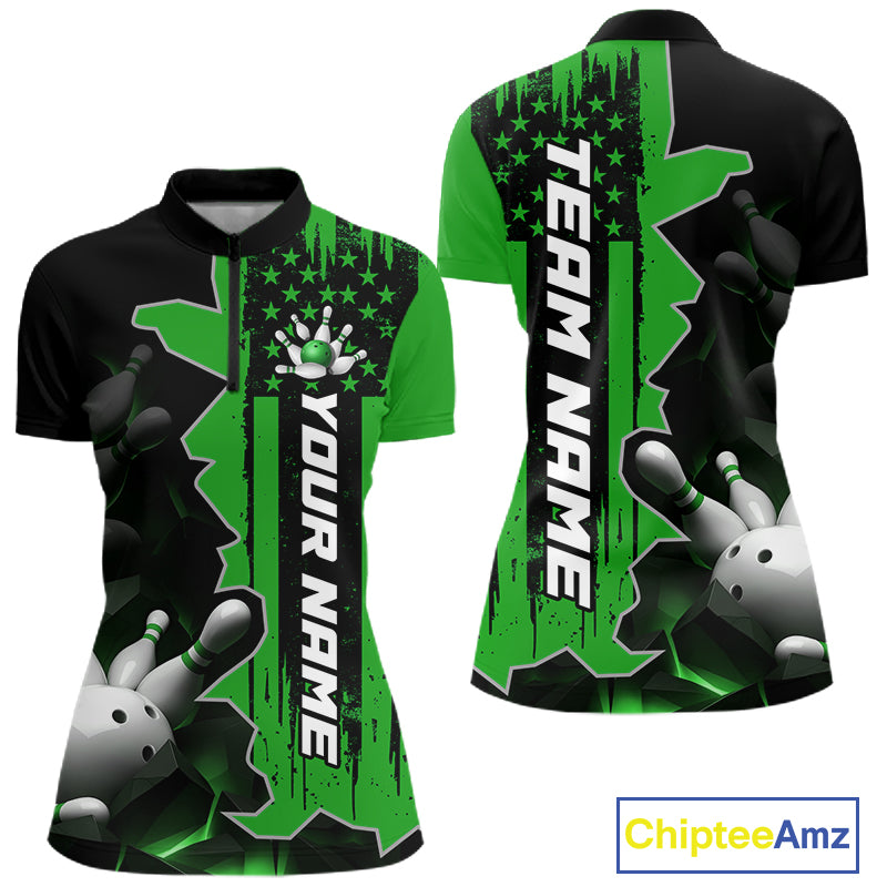 Women's green 1/4 zip bowling tournament shirt – lightweight breathable personalized team bowling jersey