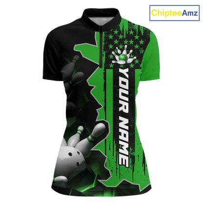 Women's 1/4 zip bowling tournament shirt – personalized team bowling jersey green front view