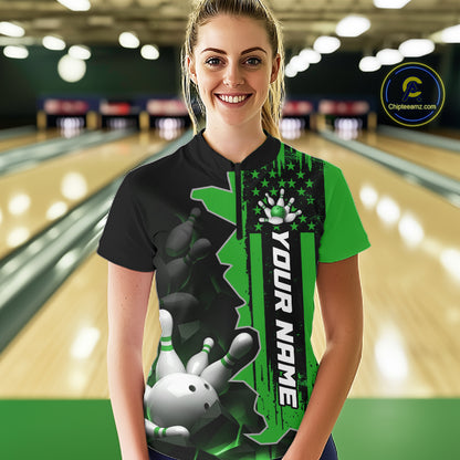 Women's Custom Bowling Tournament Polo Shirt & 1/4 Zip – Personalized Team Bowling Jersey| Green NHT1197