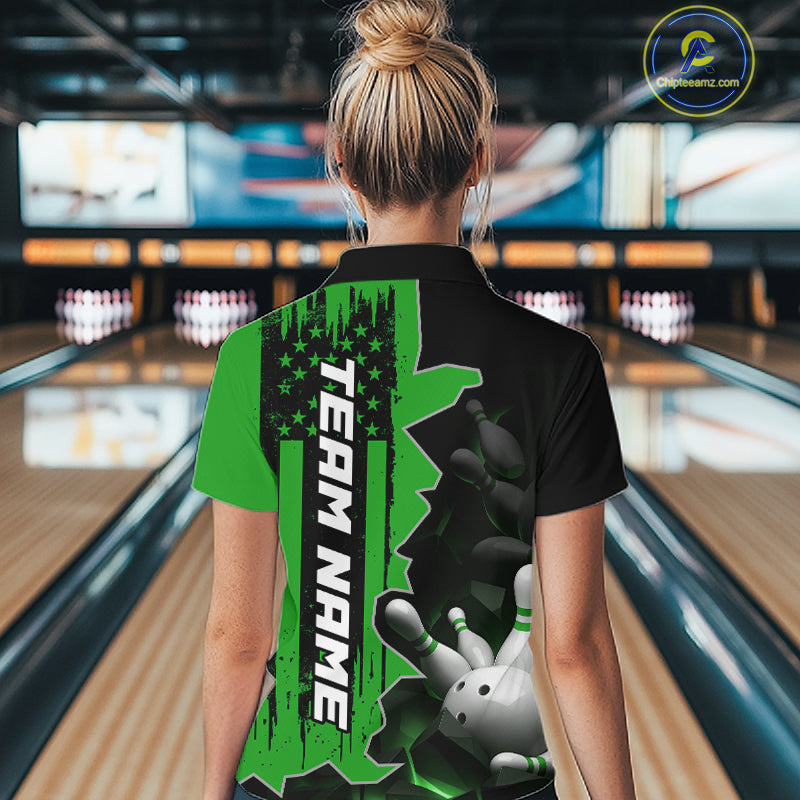 Women's Custom Bowling Tournament Polo Shirt & 1/4 Zip – Personalized Team Bowling Jersey| Green NHT1197