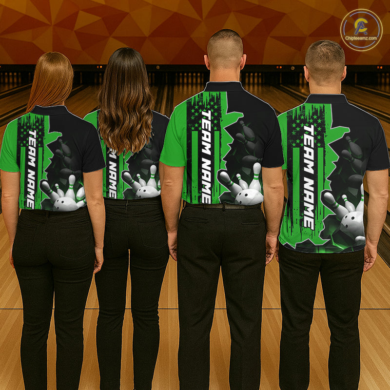 Men's Custom Bowling Tournament Polo Shirt & 1/4 Zip – Personalized Team Bowling Jersey| Green NHT1197
