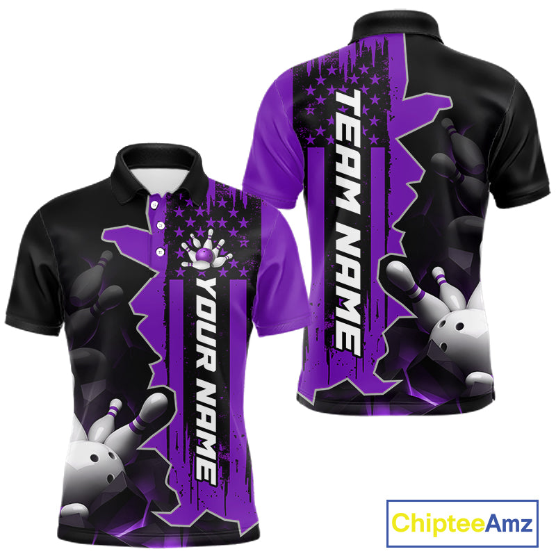 Men's custom bowling tournament polo shirt – purple personalized team bowling jersey close-up